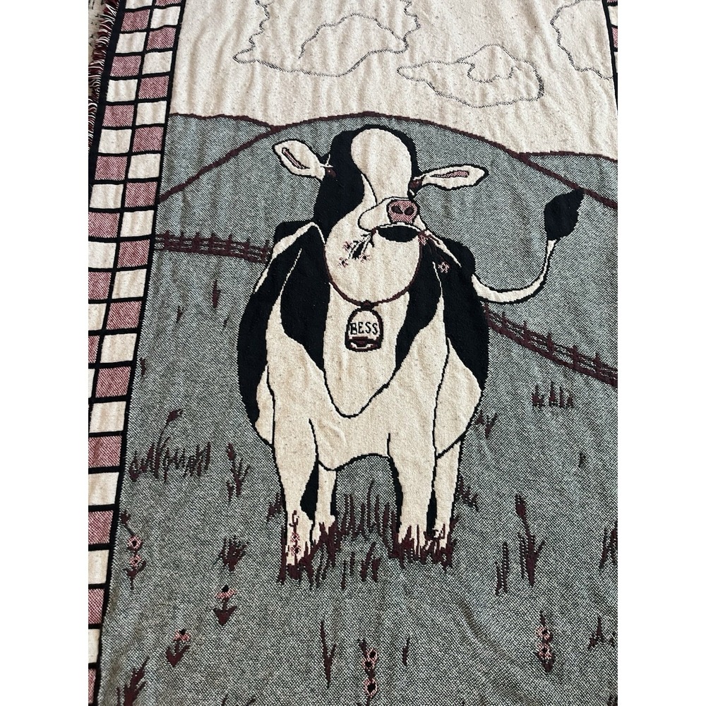 Vintage Farmhouse Woven Tapestry Cow Throw Blanket Hearts Cottagecore Bless